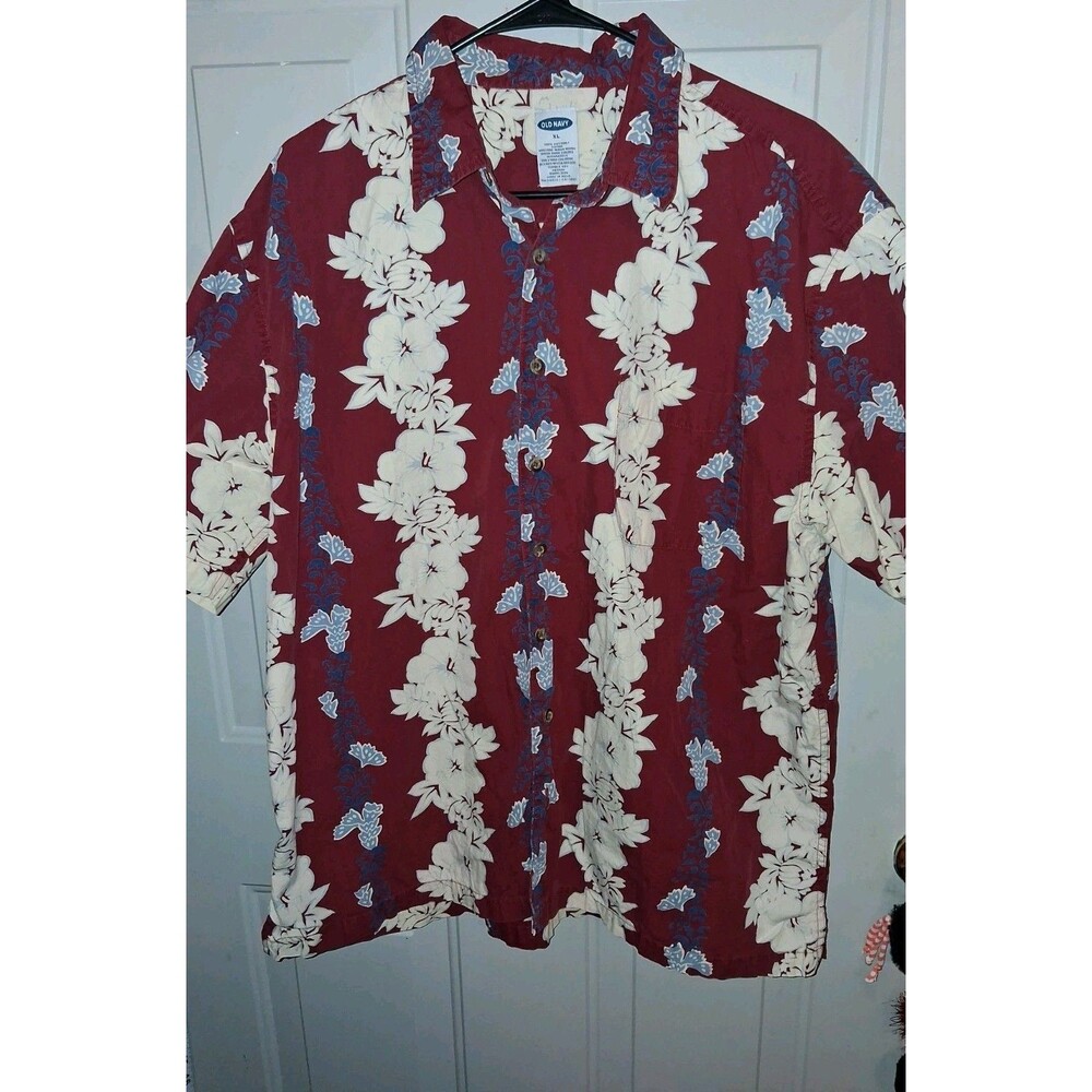 Old Navy Mens XL Hawaiian Aloha Shirt Red Tropical Floral 100% Cotton Camp...